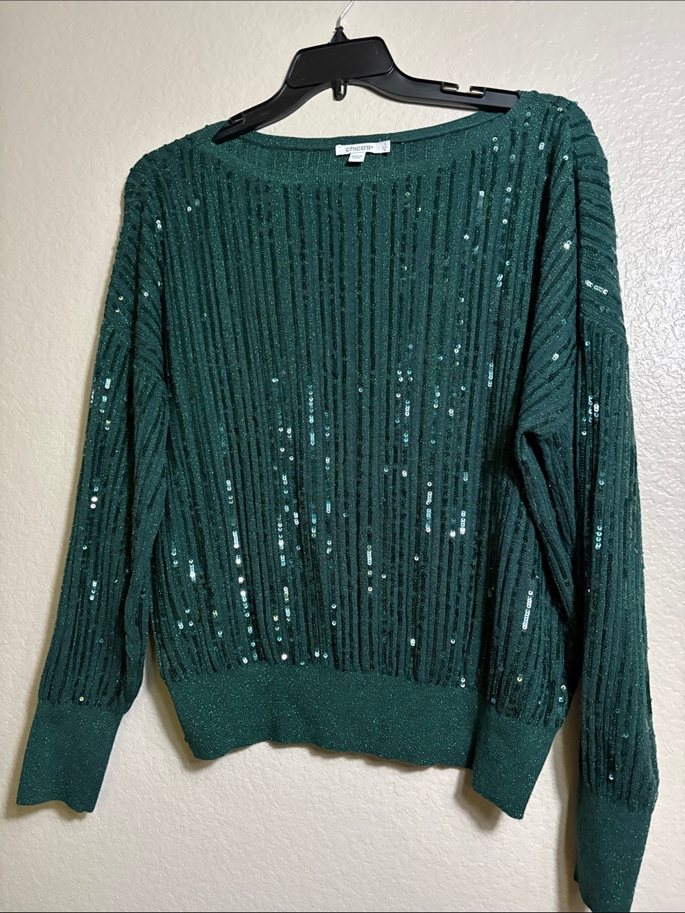 Chico's Teal Green Ribbed Sequin Scoop Neck Sweater